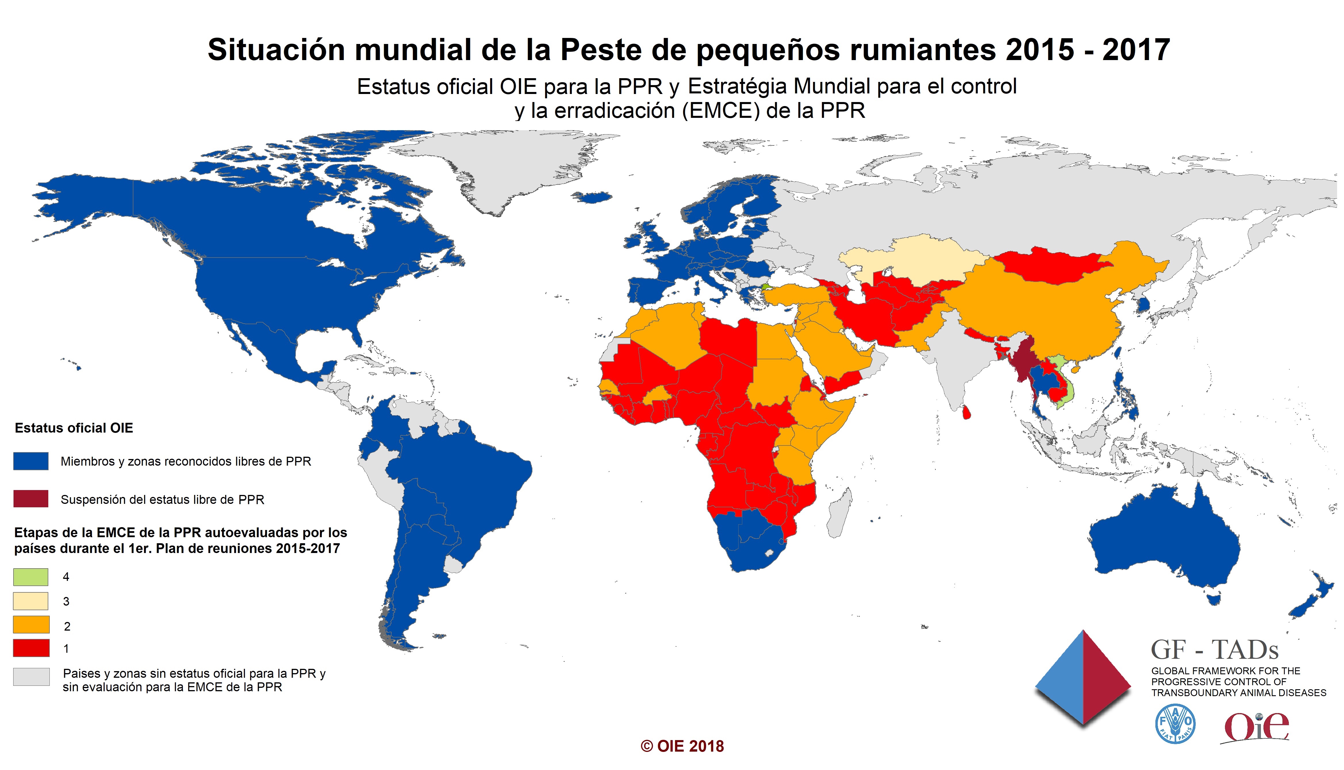 Mapa situación mundial de la peste de pequeños rumiantes 2015-2017