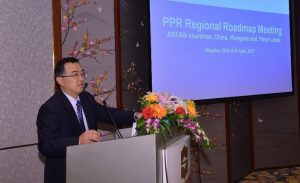 Fig. 6 – Dr Zhiliang Wang lors de la Réunion de suivi de la feuille de route régionale sur la PPR pour les pays de l’ASEAN (Chine, Mongolie et Timor-Leste) sous le parrainage conjoint de l’OIE et de la FAO (Qingdao, Chine, 2017)