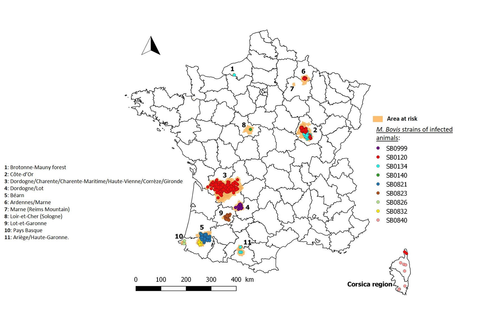 Location of Mycobacterium bovis strains in wildlife in France